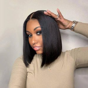 christy v natural black remy hair 5x5 lace closure straight bob human hair wig